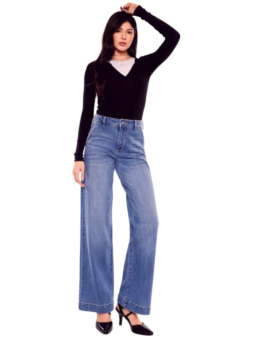 KanCan High Rise Wide Leg Trouser Jeans Size 27 Denim Stretch Medium Wash Buckle